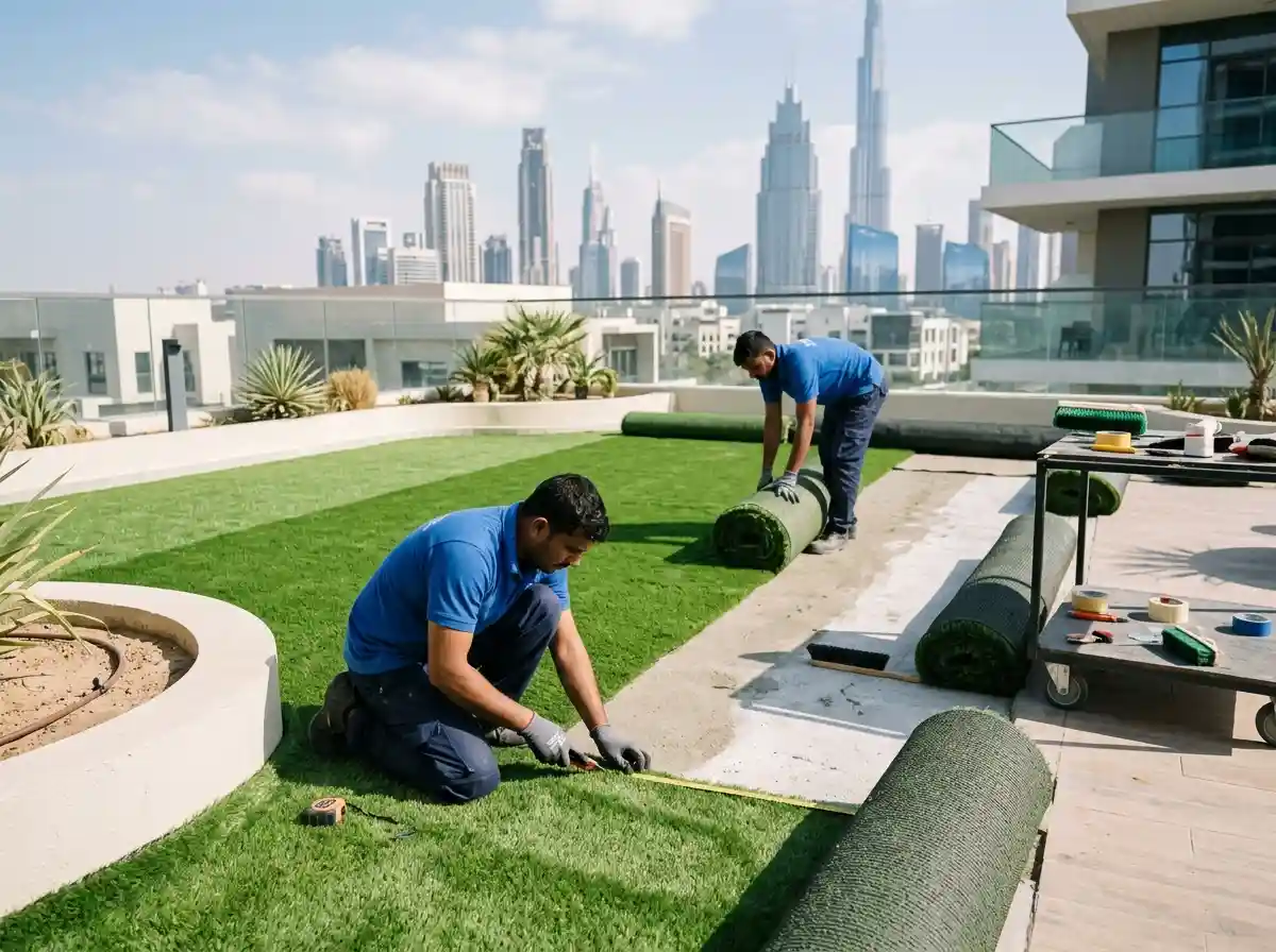 Artificial Grass Carpet Installation by Dubai Office Carpets Team