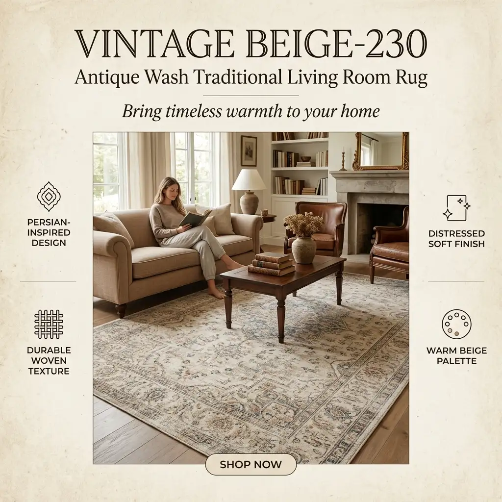 Vintage Beige-230 – Antique Wash Traditional Living Room Rug - Image 4