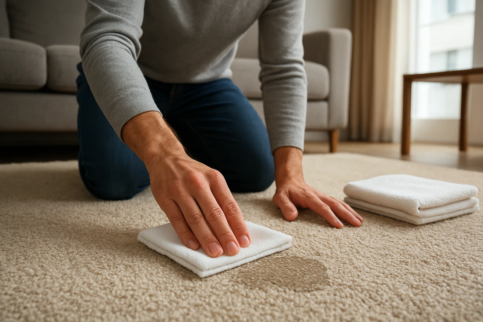 Wool carpet spill blotted with white cloth