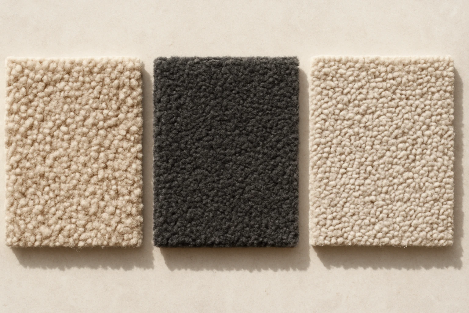 Wool, nylon and polypropylene carpet samples